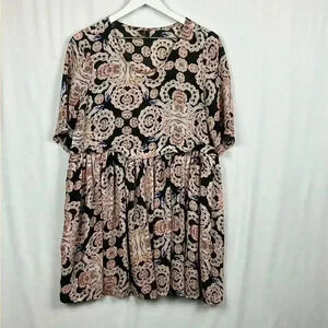 Passion Fusion Womens Mini Dress Black Cream Orange M Short Sleeves Geometric